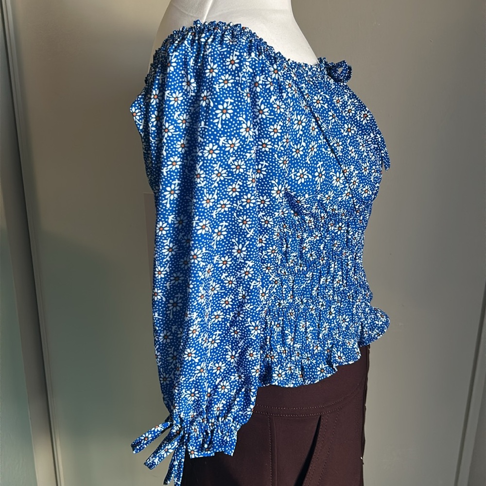New Vigoss Women’s Smocked Drop Off the Shoulder Floral 3/4 Sleeve Peasant Top - Picture 4 of 12
